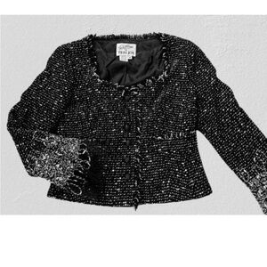 TERI JON Wool Jacket Embroidered Sleeves Evening Blazer Black White Size6